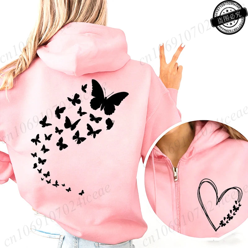 Harajuku Aesthetic Butterfly Heart Hoodie Zip Up Jackets Women Vintage Hooded Sweatshirts Hip Hop Streetwear Y2K Zipper Coats