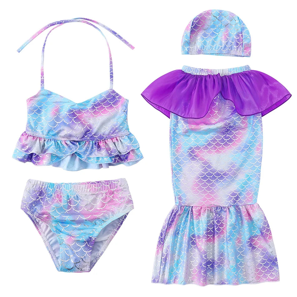 4Pcs Mermaid Cosplay Swimming Bikini Costume Girls Suspender Swim Cap Fishtail Skirt Sets Holiday Gift Children Summer Swimsuit