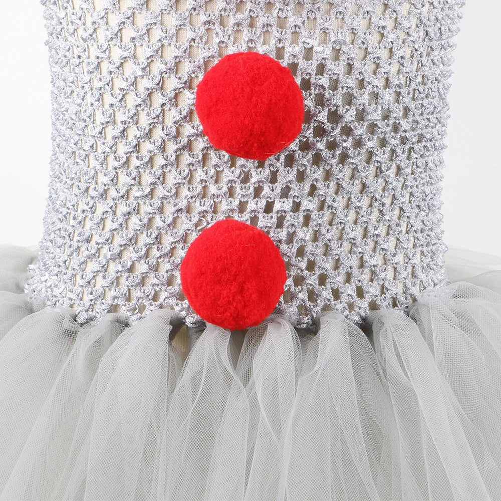 Halloween Grey Joker Costume for Kids Creepy Clown Cosplay Carnival Party Clothes Gray Children Girls Fancy Tulle Tutu Dresses