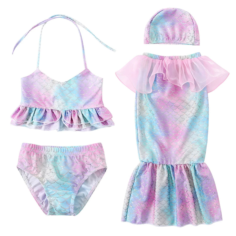 4Pcs Mermaid Cosplay Swimming Bikini Costume Girls Suspender Swim Cap Fishtail Skirt Sets Holiday Gift Children Summer Swimsuit