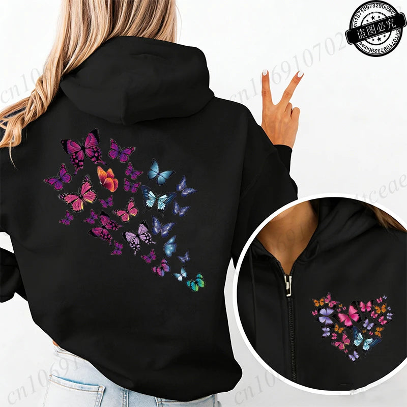 Harajuku Aesthetic Butterfly Heart Hoodie Zip Up Jackets Women Vintage Hooded Sweatshirts Hip Hop Streetwear Y2K Zipper Coats