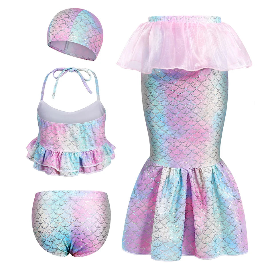 4Pcs Mermaid Cosplay Swimming Bikini Costume Girls Suspender Swim Cap Fishtail Skirt Sets Holiday Gift Children Summer Swimsuit
