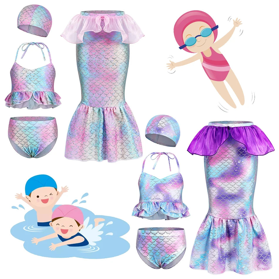 4Pcs Mermaid Cosplay Swimming Bikini Costume Girls Suspender Swim Cap Fishtail Skirt Sets Holiday Gift Children Summer Swimsuit