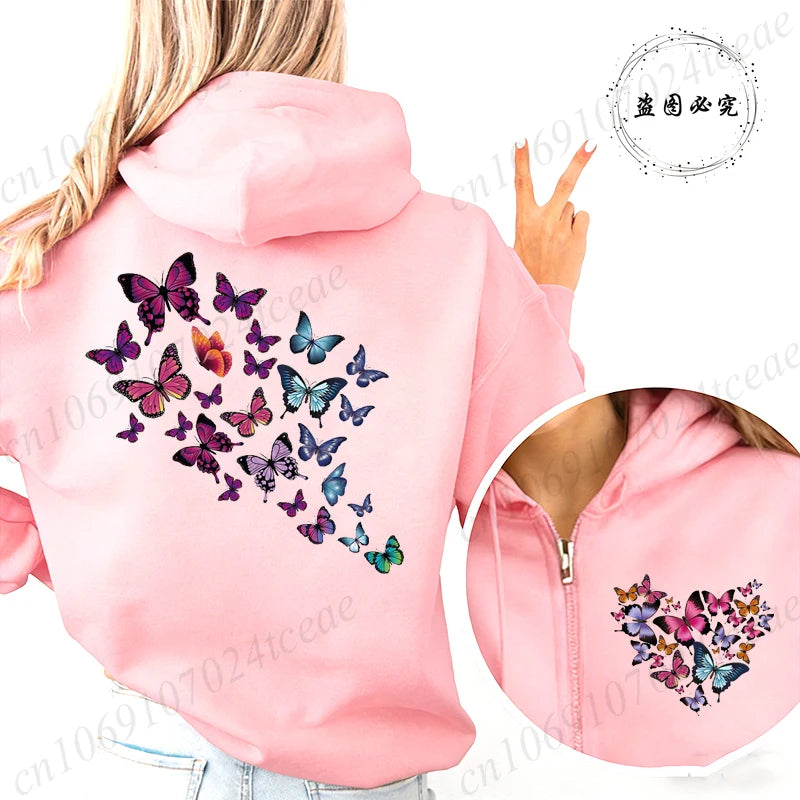 Harajuku Aesthetic Butterfly Heart Hoodie Zip Up Jackets Women Vintage Hooded Sweatshirts Hip Hop Streetwear Y2K Zipper Coats