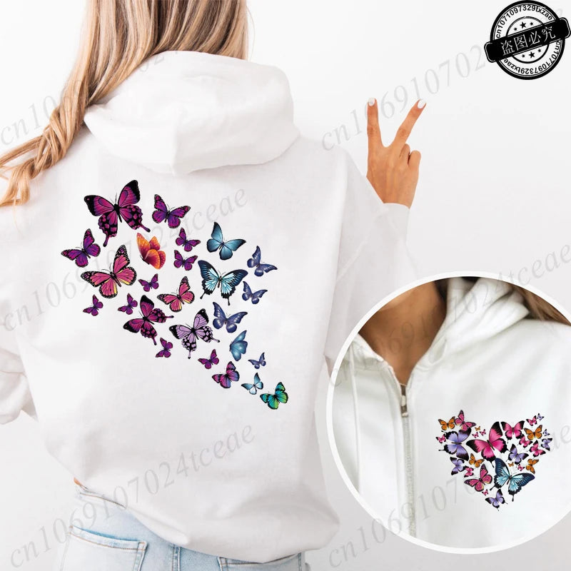 Harajuku Aesthetic Butterfly Heart Hoodie Zip Up Jackets Women Vintage Hooded Sweatshirts Hip Hop Streetwear Y2K Zipper Coats