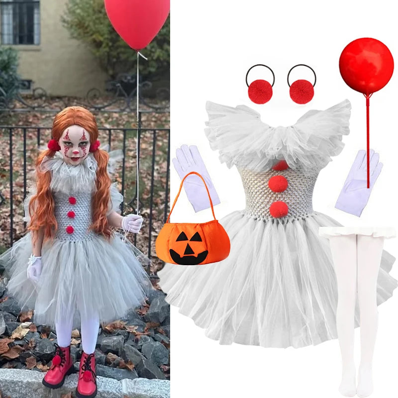Halloween Grey Joker Costume for Kids Creepy Clown Cosplay Carnival Party Clothes Gray Children Girls Fancy Tulle Tutu Dresses