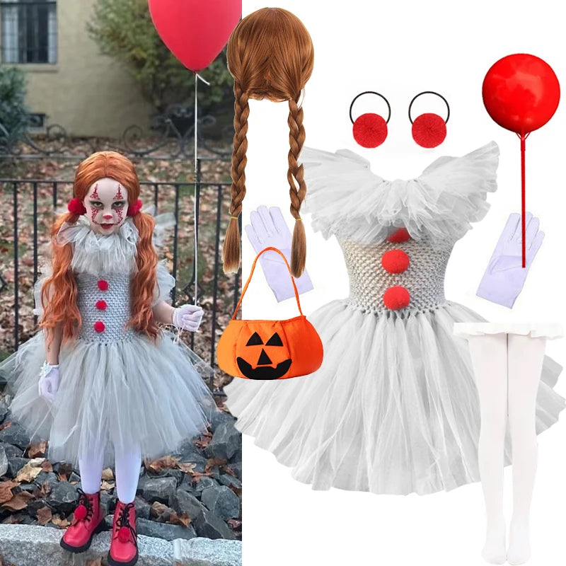 Halloween Grey Joker Costume for Kids Creepy Clown Cosplay Carnival Party Clothes Gray Children Girls Fancy Tulle Tutu Dresses