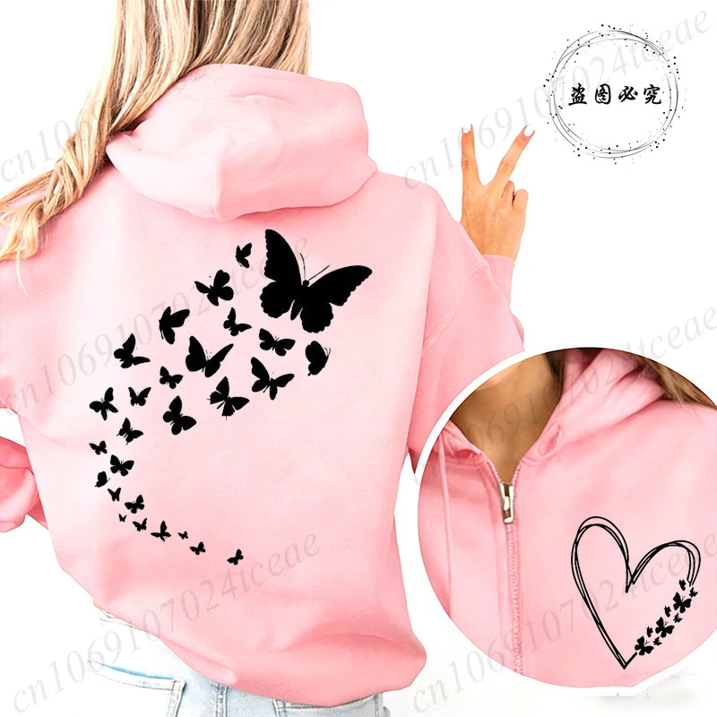 Harajuku Aesthetic Butterfly Heart Hoodie Zip Up Jackets Women Vintage Hooded Sweatshirts Hip Hop Streetwear Y2K Zipper Coats