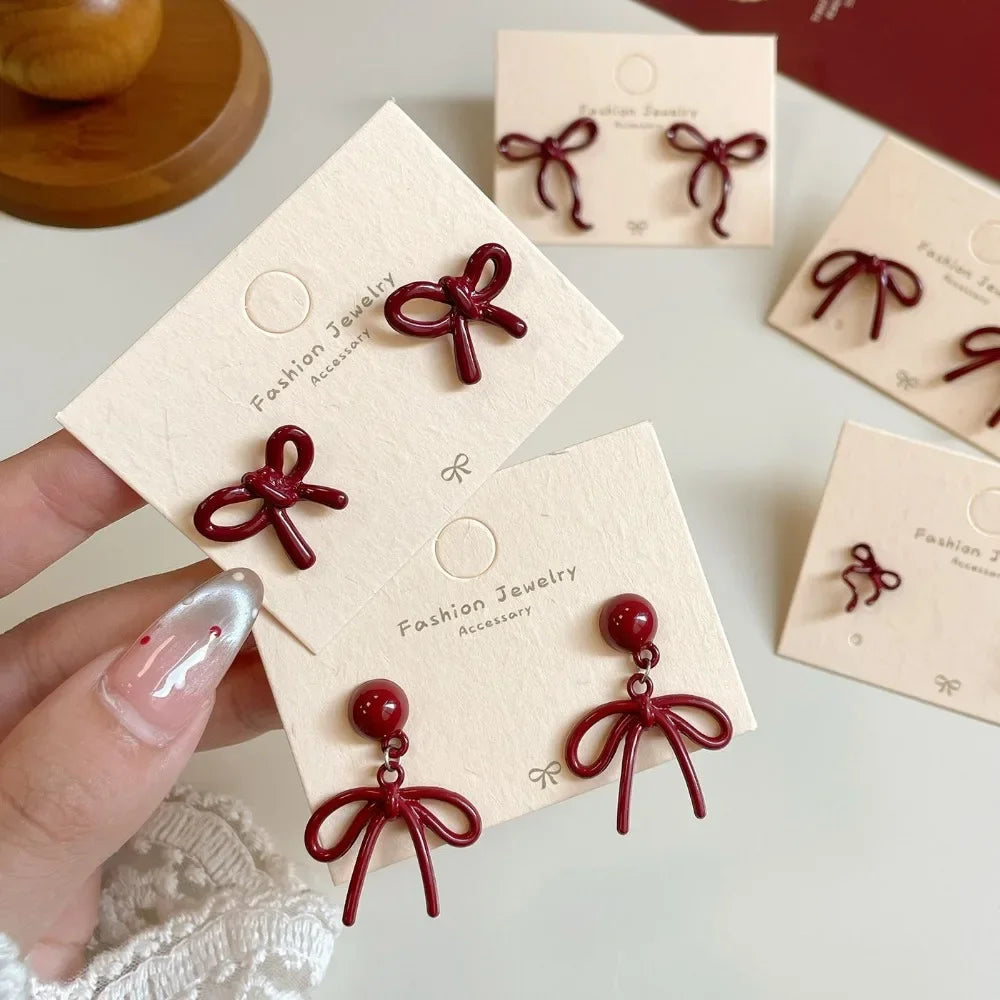 Retro Style Red Bowknot Stud Earrings for Women Girls Simple Earings Piercing Ballet Ribbon Aesthetics Elegant Ear Jewelry Gifts