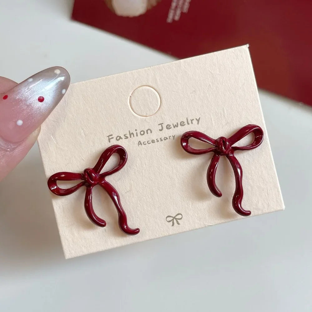 Retro Style Red Bowknot Stud Earrings for Women Girls Simple Earings Piercing Ballet Ribbon Aesthetics Elegant Ear Jewelry Gifts