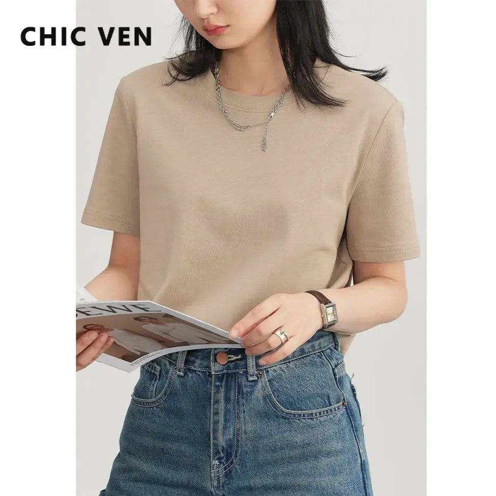 CHIC VEN Women's Tees Basic O Neck Short Sleeve Pullover T-shirt for Woman Solid Female Top Casual Ladies Tshirt Summer 2024