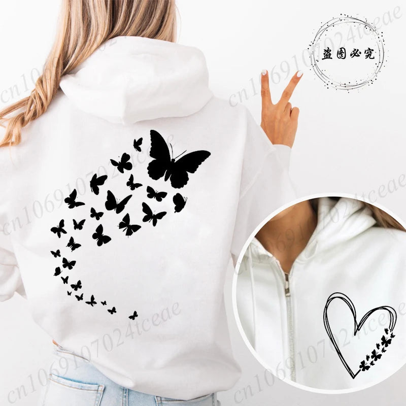 Harajuku Aesthetic Butterfly Heart Hoodie Zip Up Jackets Women Vintage Hooded Sweatshirts Hip Hop Streetwear Y2K Zipper Coats