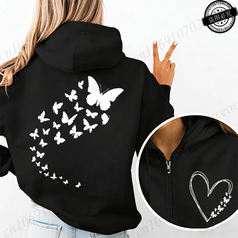 Harajuku Aesthetic Butterfly Heart Hoodie Zip Up Jackets Women Vintage Hooded Sweatshirts Hip Hop Streetwear Y2K Zipper Coats