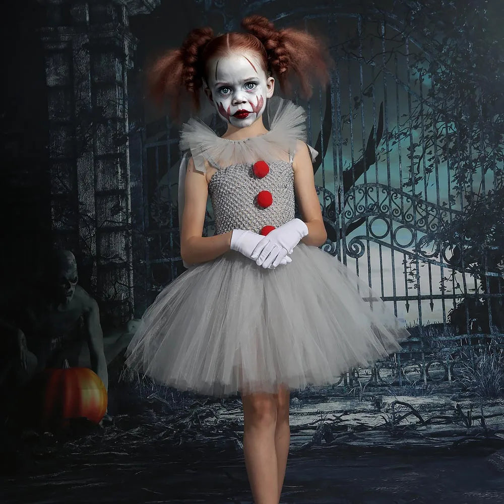 Halloween Grey Joker Costume for Kids Creepy Clown Cosplay Carnival Party Clothes Gray Children Girls Fancy Tulle Tutu Dresses
