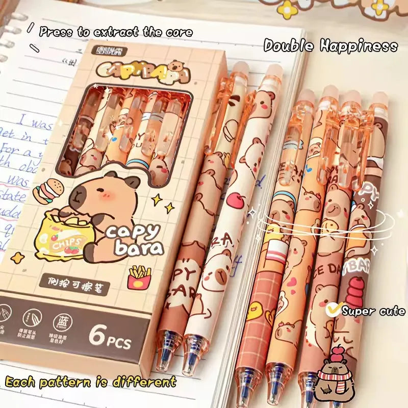 6Pcs Cute Capybara Gel Pens Pen Set Quickly-Drying Blue Erasable Pens Office School Supplies Kawaii Aesthetic Stationery