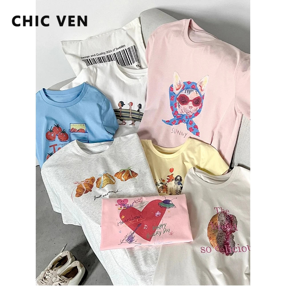 CHIC VEN Women T-Shirts Cool Sunscreen Printed Short Sleeve Tees Antibacterial Quick Drying Top for Girl Summer UPF50+ 2025
