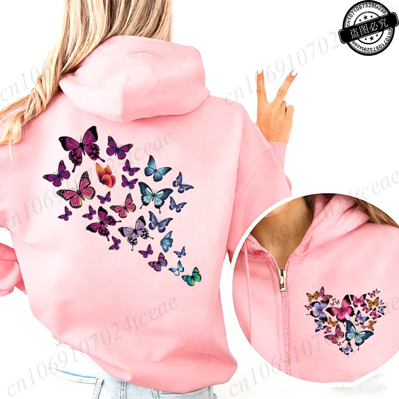 Harajuku Aesthetic Butterfly Heart Hoodie Zip Up Jackets Women Vintage Hooded Sweatshirts Hip Hop Streetwear Y2K Zipper Coats