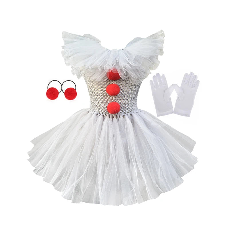 Halloween Grey Joker Costume for Kids Creepy Clown Cosplay Carnival Party Clothes Gray Children Girls Fancy Tulle Tutu Dresses