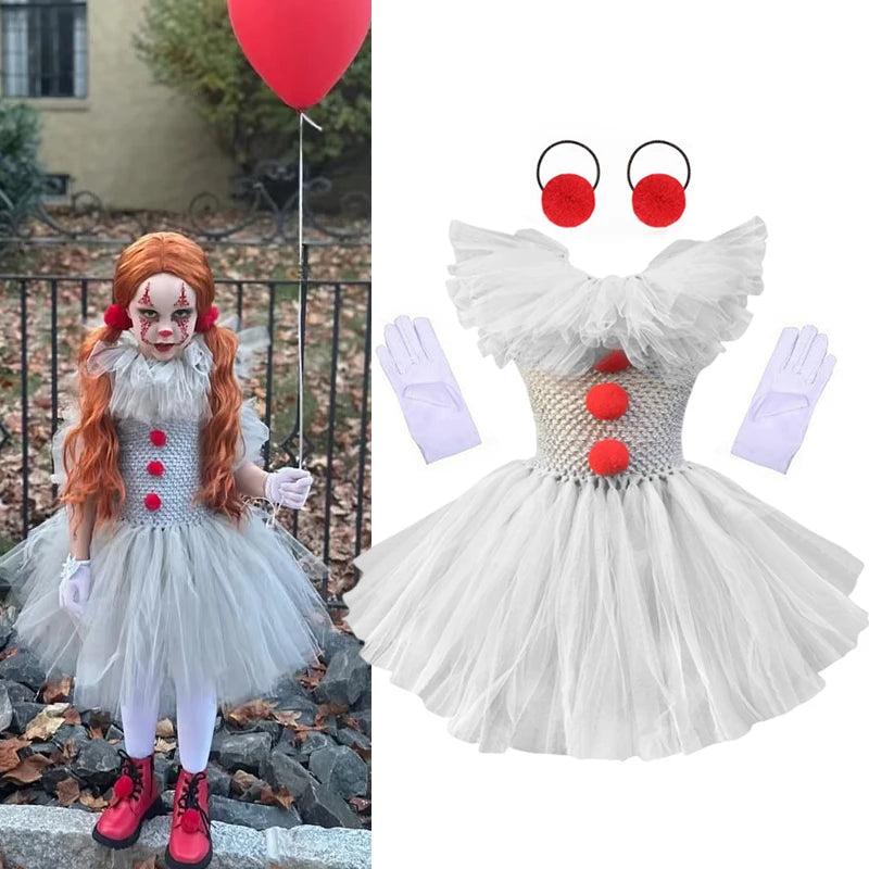 Halloween Grey Joker Costume for Kids Creepy Clown Cosplay Carnival Party Clothes Gray Children Girls Fancy Tulle Tutu Dresses