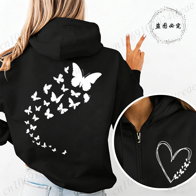 Harajuku Aesthetic Butterfly Heart Hoodie Zip Up Jackets Women Vintage Hooded Sweatshirts Hip Hop Streetwear Y2K Zipper Coats