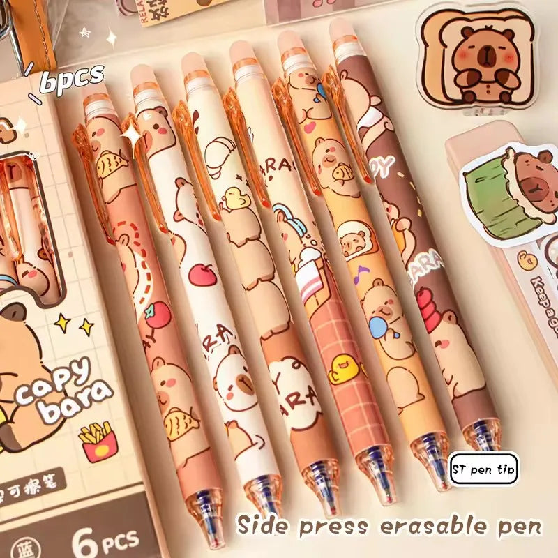 6Pcs Cute Capybara Gel Pens Pen Set Quickly-Drying Blue Erasable Pens Office School Supplies Kawaii Aesthetic Stationery