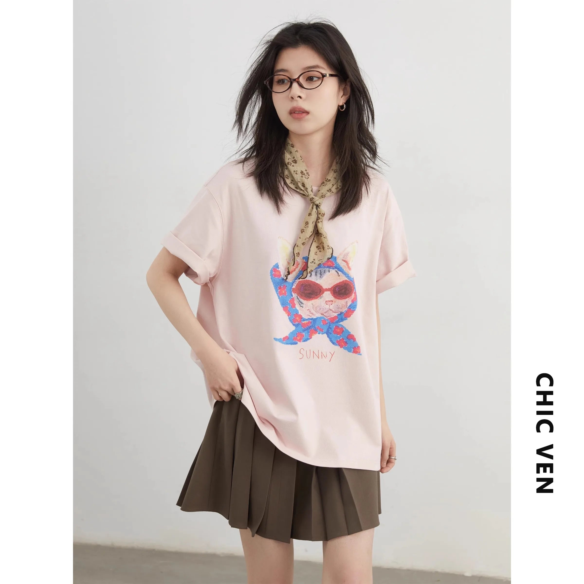 CHIC VEN Women T-Shirts Cool Sunscreen Printed Short Sleeve Tees Antibacterial Quick Drying Top for Girl Summer UPF50+ 2025