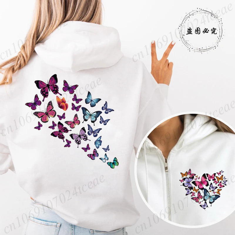 Harajuku Aesthetic Butterfly Heart Hoodie Zip Up Jackets Women Vintage Hooded Sweatshirts Hip Hop Streetwear Y2K Zipper Coats