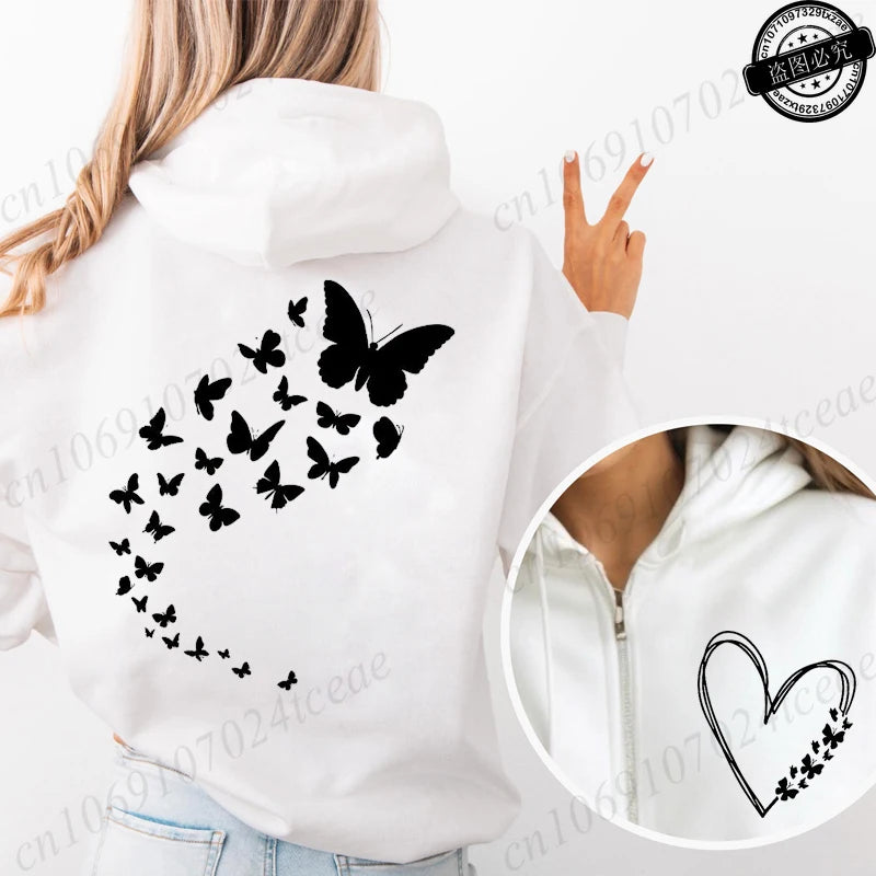 Harajuku Aesthetic Butterfly Heart Hoodie Zip Up Jackets Women Vintage Hooded Sweatshirts Hip Hop Streetwear Y2K Zipper Coats