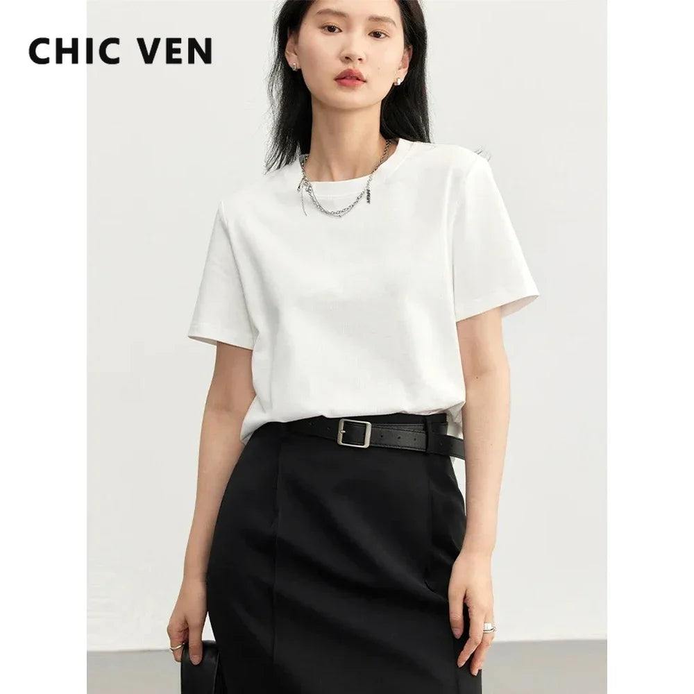 CHIC VEN Women's Tees Basic O Neck Short Sleeve Pullover T-shirt for Woman Solid Female Top Casual Ladies Tshirt Summer 2024