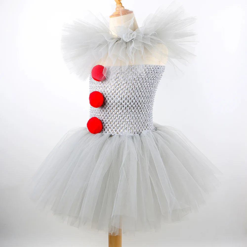 Halloween Grey Joker Costume for Kids Creepy Clown Cosplay Carnival Party Clothes Gray Children Girls Fancy Tulle Tutu Dresses