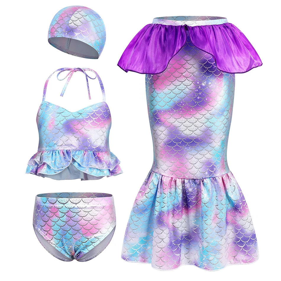 4Pcs Mermaid Cosplay Swimming Bikini Costume Girls Suspender Swim Cap Fishtail Skirt Sets Holiday Gift Children Summer Swimsuit