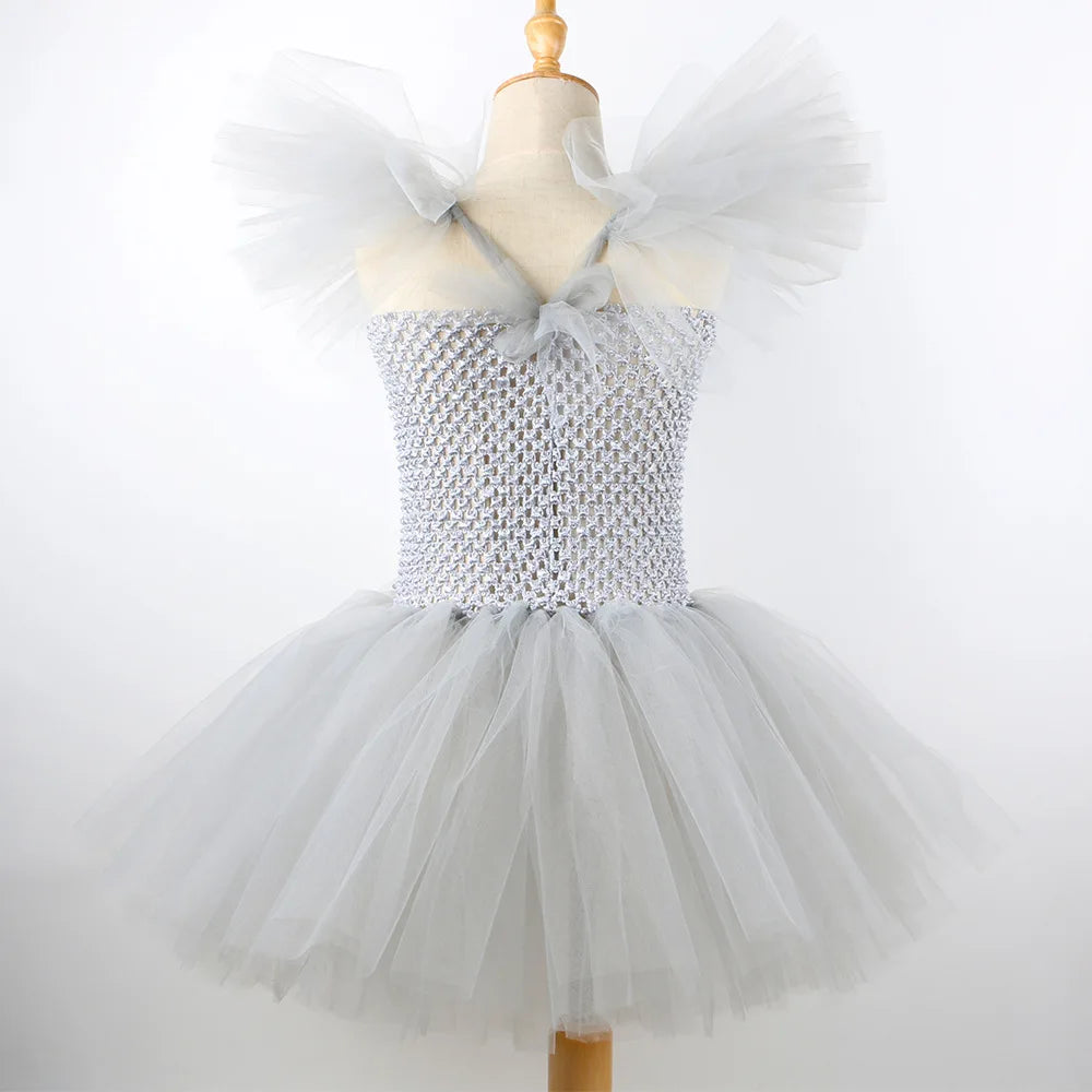 Halloween Grey Joker Costume for Kids Creepy Clown Cosplay Carnival Party Clothes Gray Children Girls Fancy Tulle Tutu Dresses