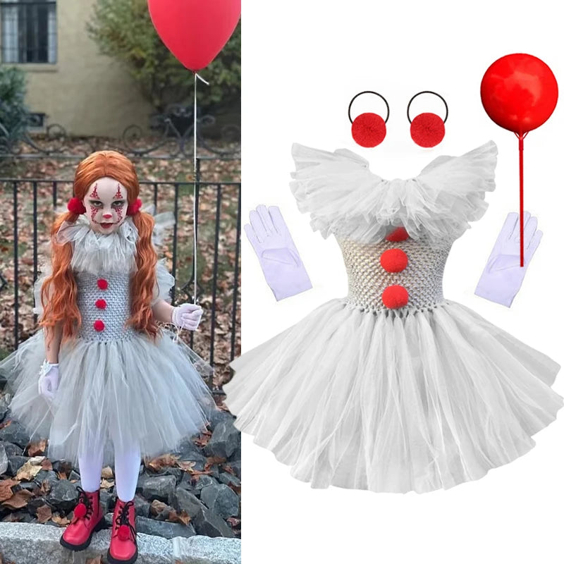 Halloween Grey Joker Costume for Kids Creepy Clown Cosplay Carnival Party Clothes Gray Children Girls Fancy Tulle Tutu Dresses