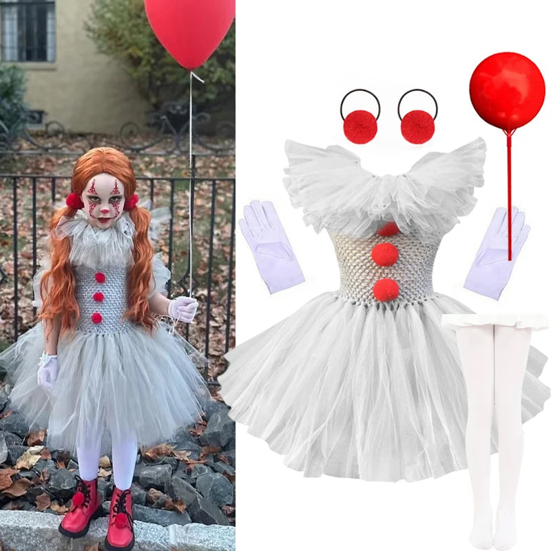 Halloween Grey Joker Costume for Kids Creepy Clown Cosplay Carnival Party Clothes Gray Children Girls Fancy Tulle Tutu Dresses