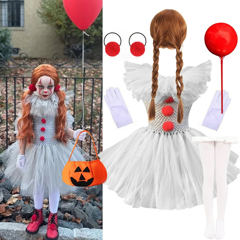 Halloween Grey Joker Costume for Kids Creepy Clown Cosplay Carnival Party Clothes Gray Children Girls Fancy Tulle Tutu Dresses