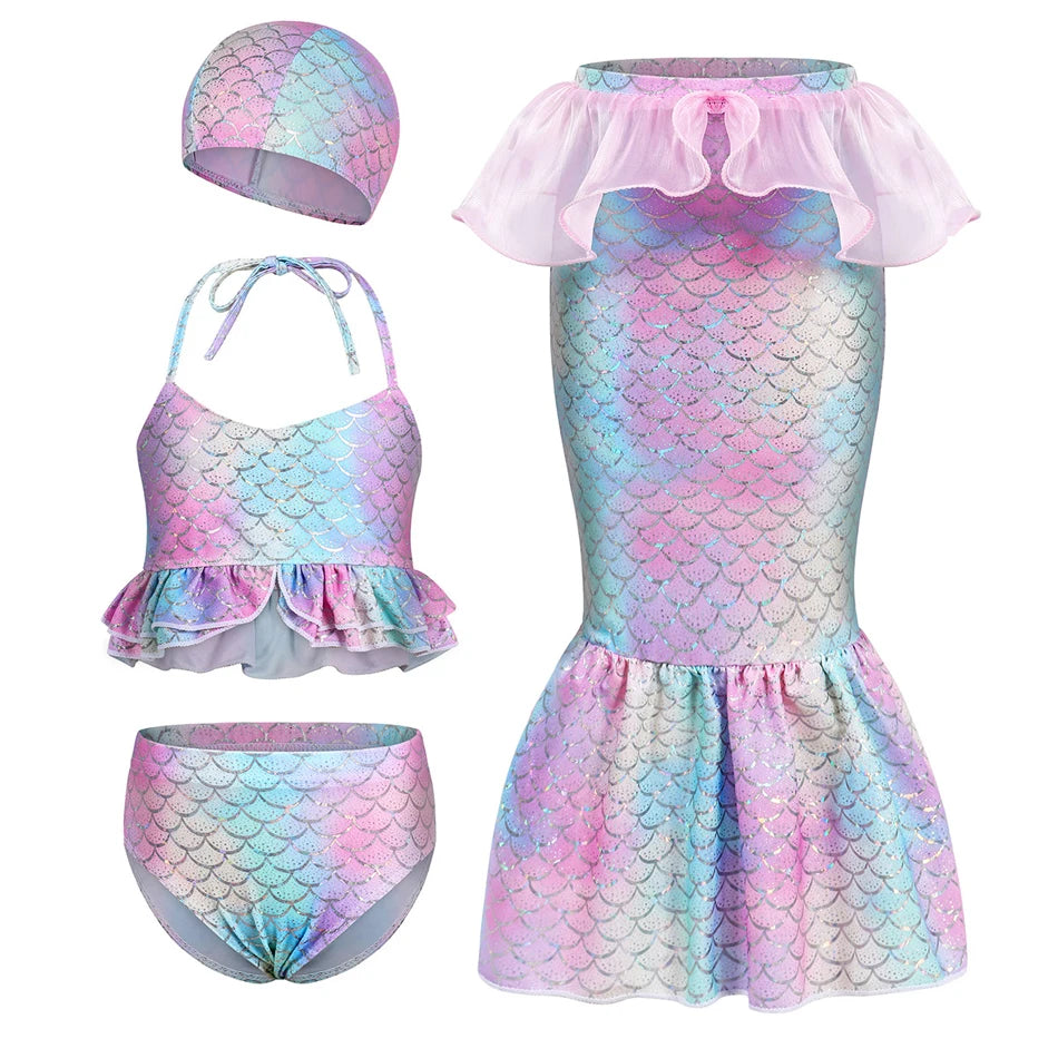 4Pcs Mermaid Cosplay Swimming Bikini Costume Girls Suspender Swim Cap Fishtail Skirt Sets Holiday Gift Children Summer Swimsuit